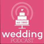 Logo for a wedding podcast: pink background with a white three-tier cake, 'est 1983' on the cake stand, circular rings above, and the words 'wedding' and 'PODCAST' below.
