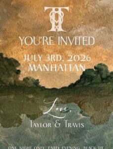Invitation poster with a sunset over water announcing 'You're invited' for July 3, 2026 in Manhattan, from Taylor & Travis.